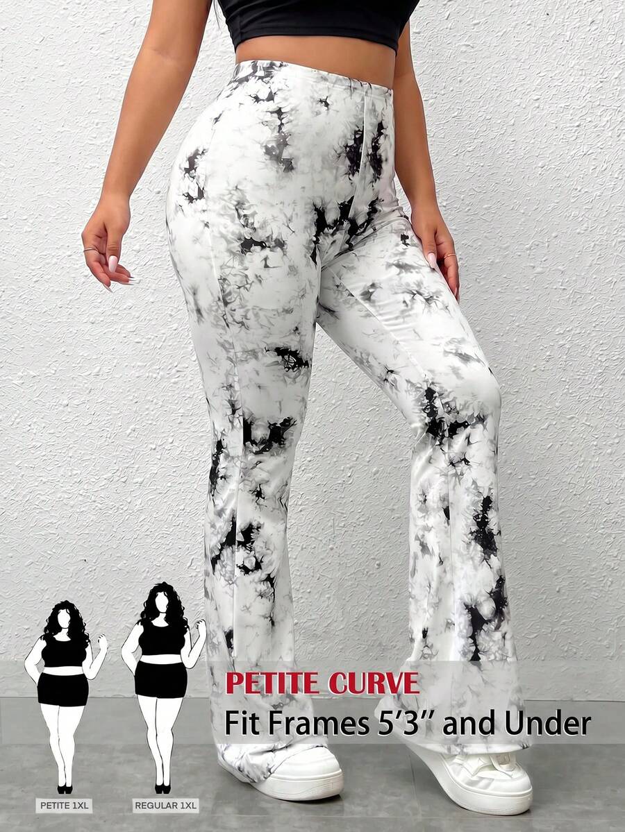 SHEIN PETITE CURVE CURVE 大尺碼女款小個子黑白高腰喇叭褲 夏季休閒商務電音派對優雅正式喇叭腿長褲 - 黑與白 - 查看 1