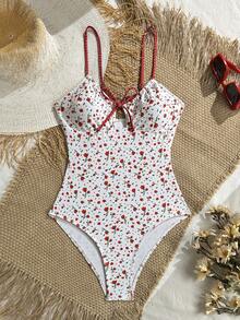 Áo tắm liền thân Swim Mod dành cho nữ, họa tiết hoa chấm bi nhỏ, dây đeo nhún bèo, buộc dây phía trước, thích hợp cho kỳ nghỉ biển và mặc vào mùa xuân/hè. - trắng - Xem 3