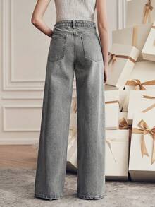 Anewsta Jeans de pierna recta con bordado floral - Gris - Ver 7