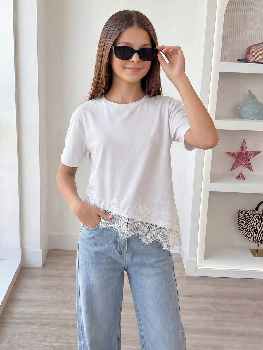 Elladie kids 少女纯色撞色蕾丝下摆圆领休闲T恤 - 白色 - 查看 1
