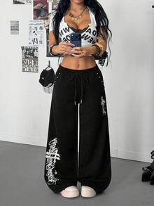 StreetHx Pantalones rectos de cintura baja de mujer con estampado de cruz y tachuelas, de estilo casual, deportivo y escolar, versátiles, pantalones negros de verano - Negro - Ver 5