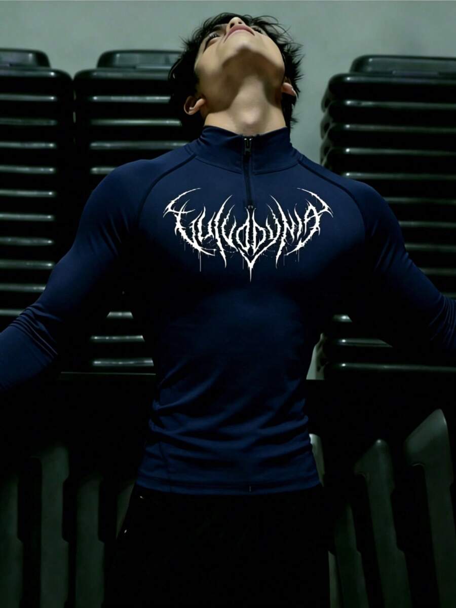 GymBeat Kaos Olahraga Pria Lengan Panjang dengan Motif Cetak dan Resleting Setengah Plaket, untuk Gym - Navy Blue - View 1