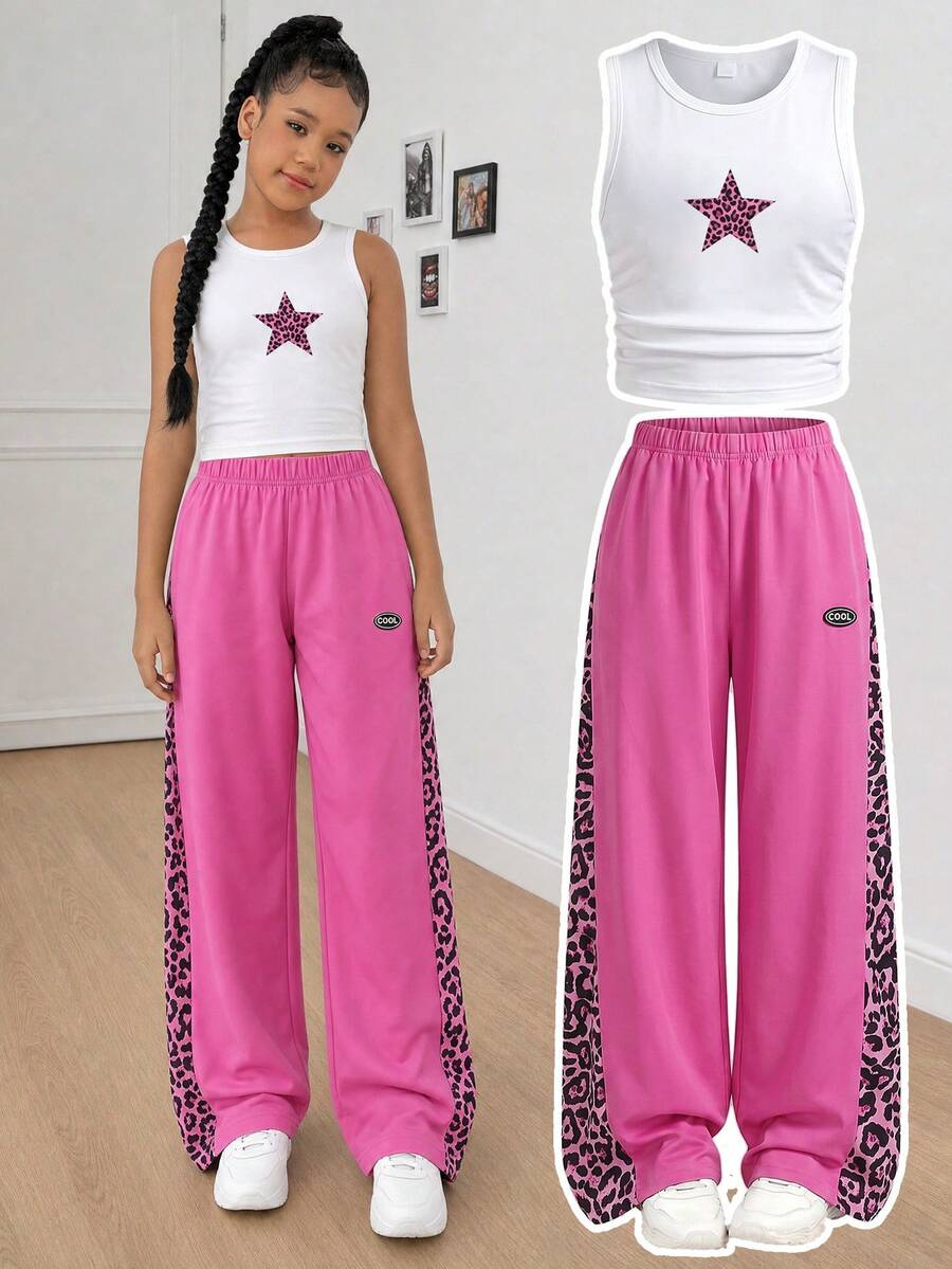 SHEIN 少女圆领褶皱星形图案上衣和裤子休闲套装 - 粉色 - 查看 1