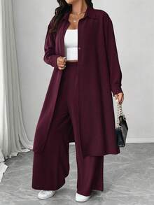 SHEIN EMERY ROSE CURVE 大码褶皱纹理面料长袖衬衫搭配宽松直筒裤两件套休闲装 - 紅色 - 查看 3