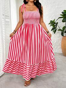 SHEIN Tall CURVE 大码休闲条纹吊带连衣裙 - 紅色 - 查看 5