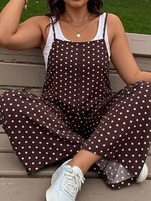 EMERY ROSE Plus Size Colorblock Polka Dot Print Jumpsuit With Real Pockets, Loose Straight Leg Casual Jumpsuit For Home & Outdoor Wear - Brown - View 1