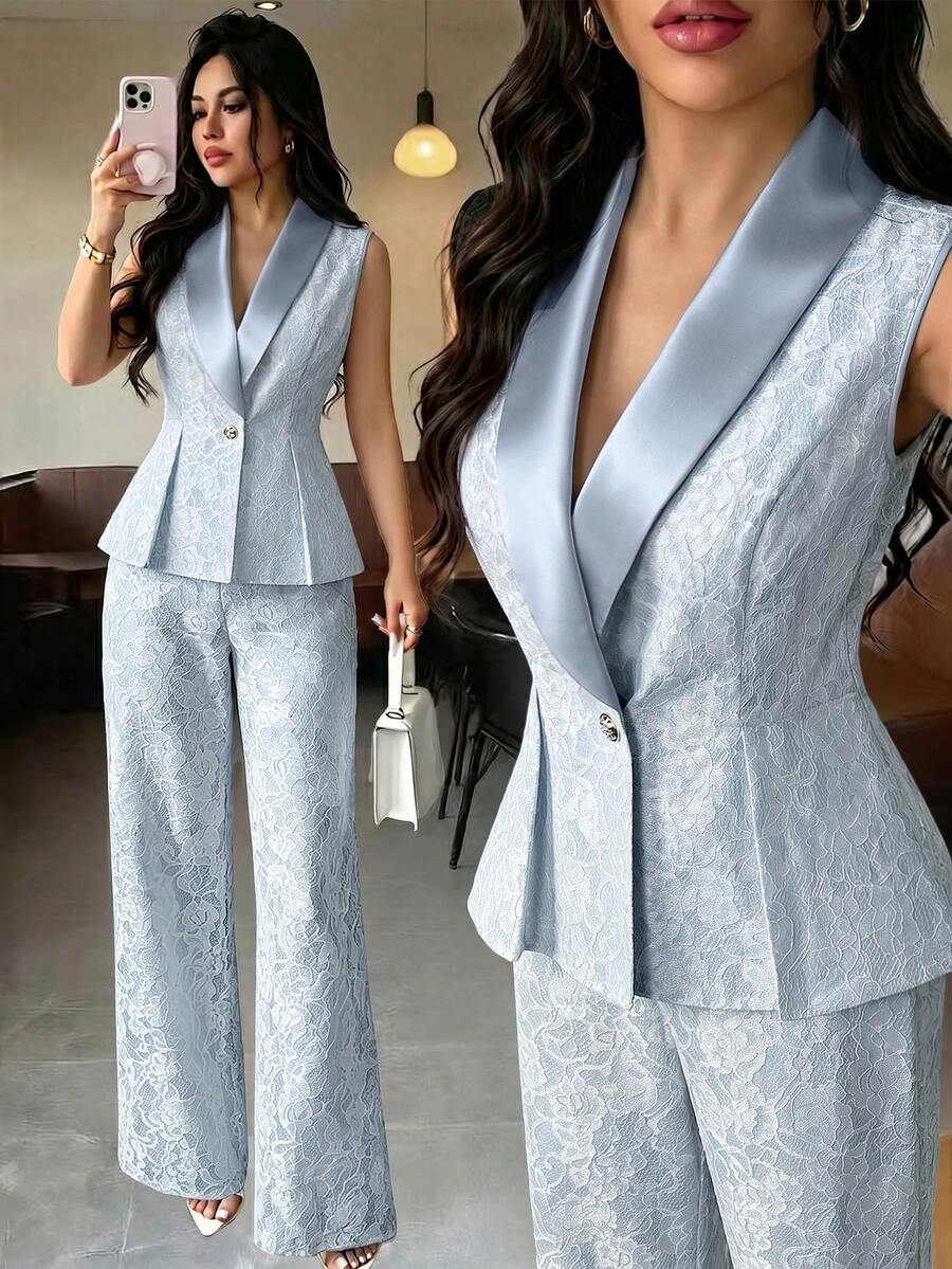 Elenzga Women Vintage Casual Sleeveless Lace Composite Fabric Cropped Top And Wide Leg Pants 2 Pieces Set,Light Blue Floral,Fall,Elegant,Wedding Guest Business - Blue - View 1