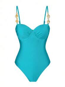 Swim Oasis 女士纯色吊带米色钢圈连体泳衣，配有可拆卸肩带、可调节侧边荷叶边和可拆卸金属装饰网纱裙三件套泳衣 - 淺藍色 - 查看 6