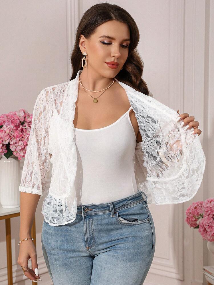 Plus Size Women Summer Casual Vacation Elegant Ruffle Lace White Hollow Lightweight Jacket