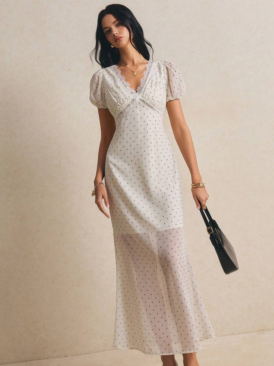 Poéselle 女款波點V領花瓣袖蕾絲拼接夏季長洋裝