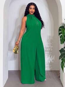 Slaydiva Bộ jumpsuit mùa hè thanh lịch dành cho nữ, màu xanh lá cây, cổ yếm, khoét eo, dáng rộng, kiểu harem, trang phục thường ngày năng động, đi nghỉ mát, phong cách đường phố thời thượng dành cho phái nữ. - màu xanh lá - Xem 3