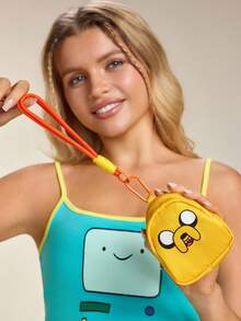 ADVENTURE TIME X SHEIN 冒險卡通主題超迷你聚酯纖維零錢包套組，可愛便攜式鑰匙圈收納包附手腕帶與掛鉤，小容量收納袋適用硬幣與耳機，卡通迷完美禮物 - 黃色1 - 查看 3
