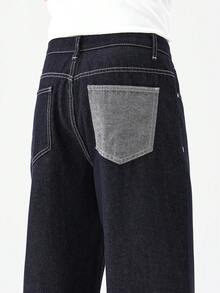 Chillumni 男士水洗深蓝色拼接休闲宽松阔腿牛仔裤 - 深色水洗藍 - 查看 8