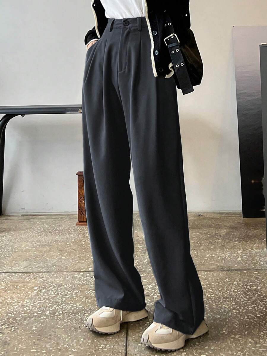 DAZY High Waist Plicated Detail Wide Leg Pants,Women Dress Pants Fall - Grey - View 1