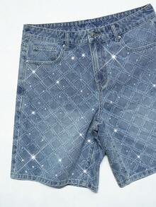Manfinity EMRG Men's American Street Style Distressed Washed Denim Shorts With Rhinestone Embellishment, Holiday - Light Wash - View 5