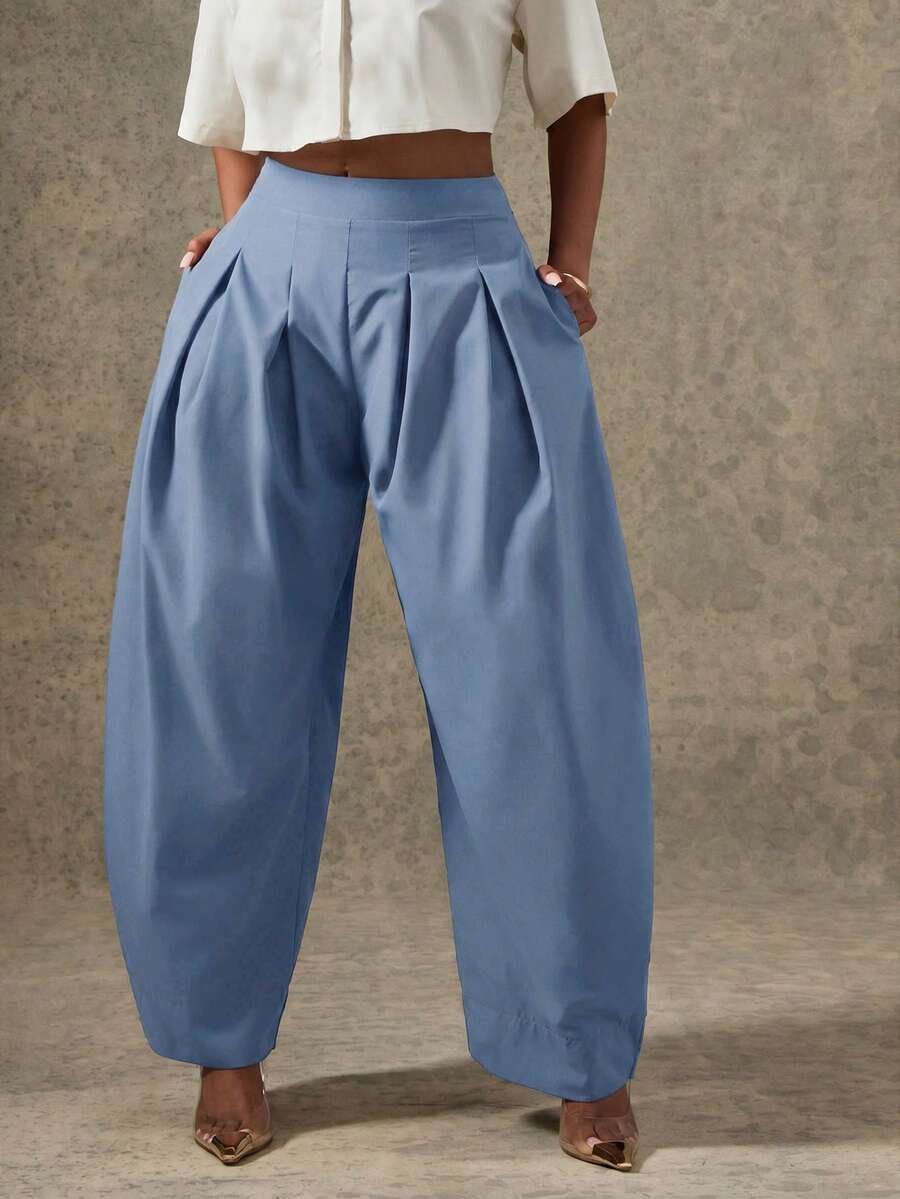 Vixey High Waist Pleated Detail Barrel Leg Office Pants - Dusty Blue - View 1