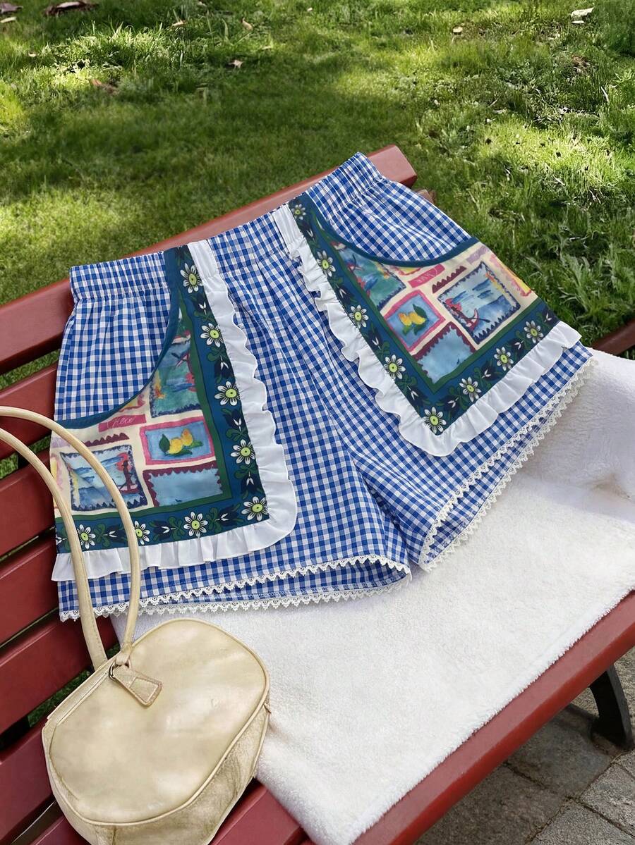 Flirla Red Plaid Fruit Pattern Sweet Patchwork Women Shorts - Blue - View 1