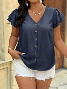 SHEIN VCAY Plus Size Women V-Neck Single-Breasted Fashionable Versatile Blouse, Suitable For Daily Commute - Navy Blue - View 5