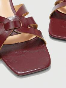 CUCCOO BIZCHIC Ladies Burgundy Crossed Thick High Heel Sandals, Square Head Comfort High Heel Sandals Commuter Style Sandals - Burgundy - View 5