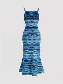 SHEIN MOD Women's Sleeveless Dress With Geometric Color Block Pattern, Summer - Mint Blue - View 4