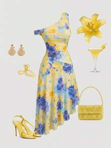 SHEIN MOD Vestido de talla grande para mujer con estampado y hombro asimétrico de largo medio - Amarillo claro - Ver 6