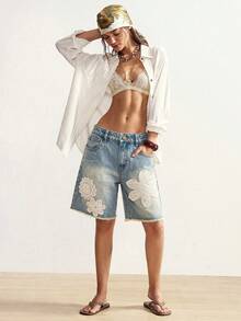 Bohemela Casual Solid Color Lace Trim Vintage Denim Shorts For Women - Blue - View 8