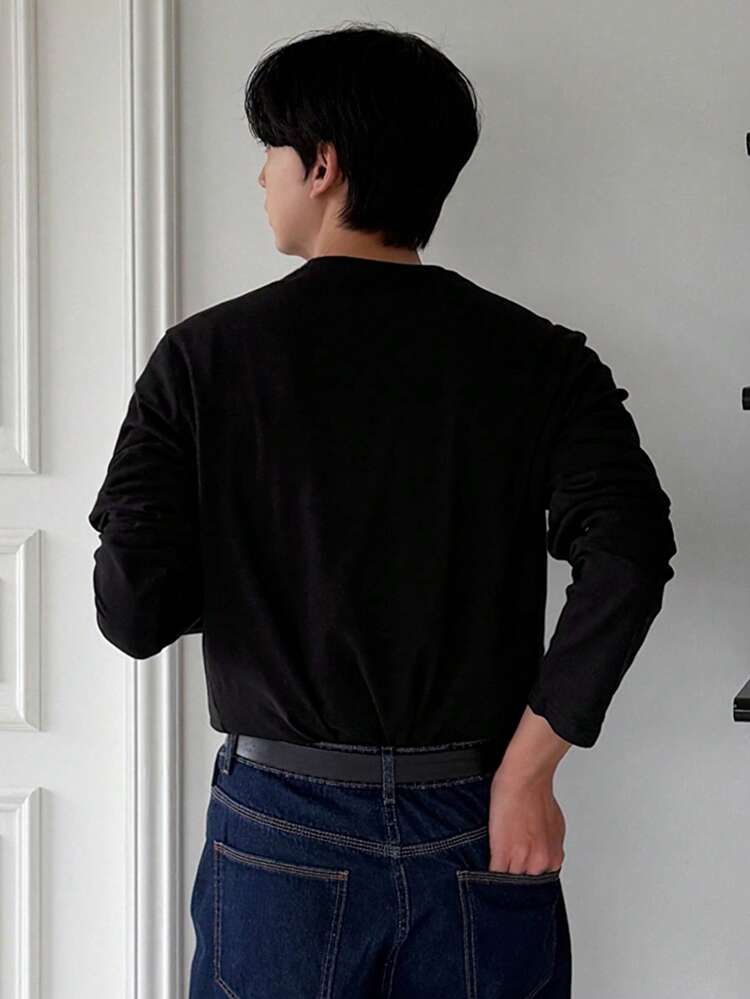 Men's Solid Black Long Sleeve T-Shirt, Spring