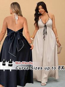 SHEIN CURVE+ 大码海滩度假，吊带连衣裙，适合海滩度假 - 藏蓝色 - 查看 2