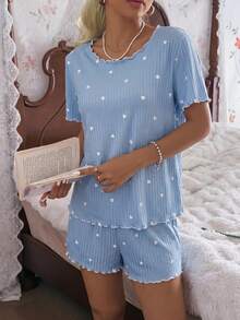 CottageSlumber Blue Heart Pattern Ribbed Knit Loose Fit Short Sleeve & Shorts Pajama Set For Women - Blue - View 9