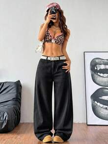Coolane Quần jean ống rộng dáng rộng có túi dành cho nữ - màu đen - Xem 7