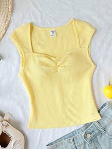 SHEIN Áo thun nữ tuổi teen kiểu dáng preppy, xếp ly ngực, thời trang Y2K, phù hợp cho kỳ nghỉ hè, đi học, dã ngoại gia đình, mặc hàng ngày, áo ngắn tay màu vàng ôm sát. - Màu vàng - Xem 5