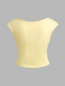 SHEIN Áo thun ngắn tay ôm sát màu xanh navy cho bé gái tuổi teen, chấm bi đen trắng, xếp ly, phong cách ngọt ngào thường ngày, phù hợp cho kỳ nghỉ hè, đi học, dã ngoại gia đình, mặc hàng ngày. - Màu vàng - Xem 2