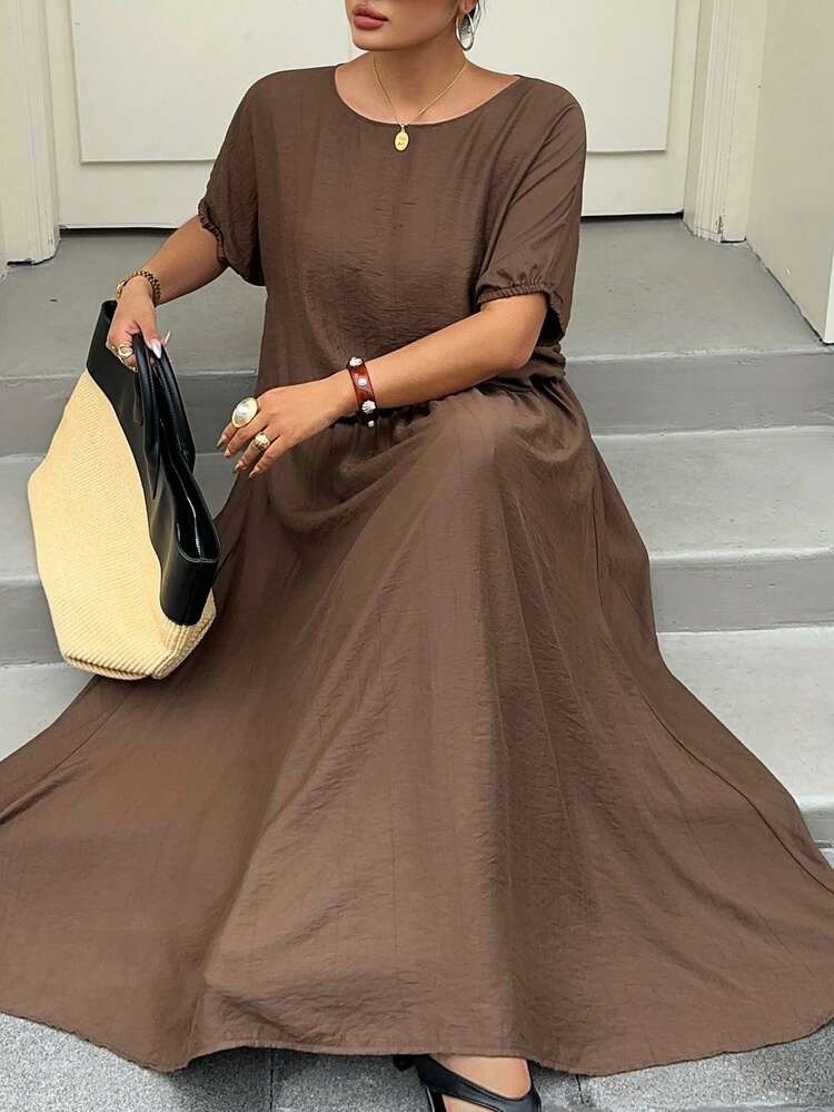 Dazy Plus Brown 2-Piece Set: Casual Round Neck Short Sleeve Top And Skirt, Vacation Style, Plus Size For Spring/Summer