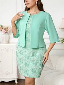 SHEIN Clasi 大码女式优雅刺绣亮片连衣裙和长袖开衫两件套 - 綠色 - 查看 4