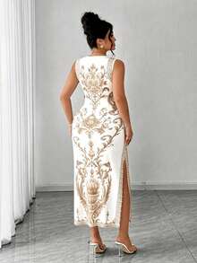 Elenzga Vestido longo plus size feminino elegante com estampa floral tropical, sem mangas, com fenda alta e modelagem justa. Ideal para primavera/verão, volta às aulas, férias, formatura, feriados, Dia dos Namorados, Natal, festivais de música, Dia das Mães, Halloween, Dia de Ação de Graças, Páscoa, Dia Nacional, bailes, aniversários, encontros, festas, casamentos e atividades ao ar livre. - Caqui - Ver 2
