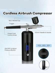 LCD Airbrush Kit, Includes Air Compressor, 3-Speed Wireless Airbrush Gun With Hose, 38PSI Portable Airbrush Suitable For Painting, Hairstyling, Model Making, Cake Decorating And More - Black - View 3