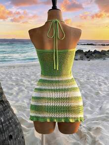 INAWLY Sexy Boho Swimsuit Cover Up, European And American Beach Resort Style Sexy Bikini With Tie-Up Stripes And Open Back Green Striped Summer - Multicolor - View 4