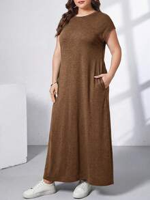 SHEIN Essnce 大码女装春夏时尚休闲弹力舒适日常百搭显瘦绿色短袖长连衣裙，带口袋，简约风格，夏季穿搭 - 棕色 - 查看 5