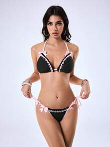 Y2Kool Y2K Cute Sexy Contrast Color Lace Patchwork Bow Crop Top Bikini Set, Casual Streetwear For Girls, Suitable For Spring/Summer Party, Beach Black - Black - View 3