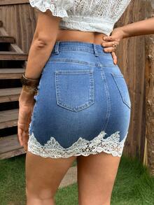 Breezaya Chân váy ngắn denim ôm sát rách rưới phối ren dành cho nữ - Màu xanh lam - Xem 2