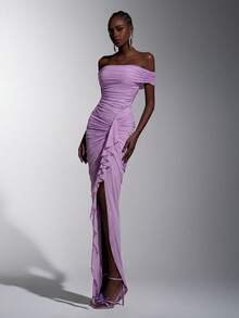 Elitara Vestido elegante, romántico y de moda de tela de malla elástica púrpura con hombros descubiertos, decoración fruncida, abertura frontal elegante para fiesta, vestido de invitada de boda, vestido verde, vestido de dama de honor elegante y de moda - Púrpura malva - Ver 3