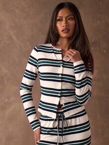 SHEIN BAE Áo thun dài tay nữ in họa tiết sọc, cài cúc phía trước - màu xanh lá - Xem 5