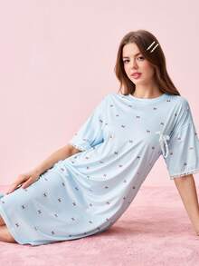 Bonmuse White 3D Bow Striped Short Sleeve Nightgown, Romantic Style Suitable For Spring & Summerfor Summer - White - View 10