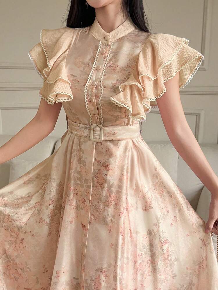 Women's Elegant Floral Lace Patchwork Stand Collar Belted Ruffle Sleeve Mid-Length Dress, Summer