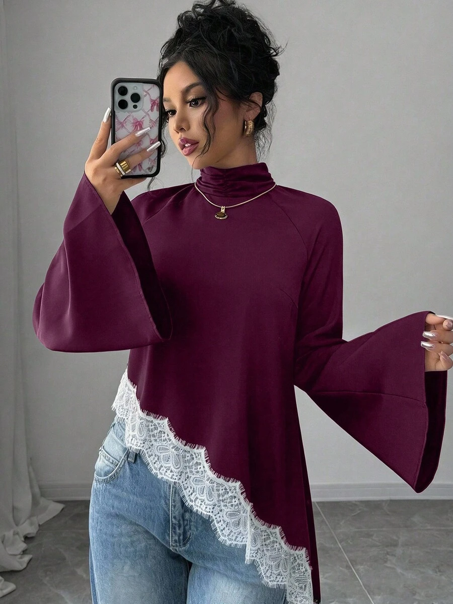 Elenzga 女款優雅浪漫高領喇叭袖對比蕾絲不對稱下擺襯衫，秋季晚餐辦公室外出約會之夜早午餐，粉色與白色 - 酒紅色 - 查看 1