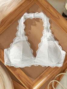 Crystal Vow Sexy Lace Halter Neck Bra For Women - White - View 1