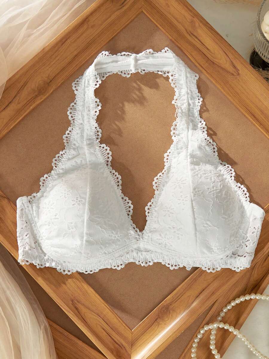Crystal Vow Sexy Lace Halter Neck Bra For Women - White - View 1