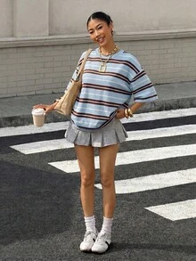 Áo thun ngắn tay cổ tròn kẻ sọc hồng nâu tối giản dành cho nữ tuổi teen, thích hợp cho mùa hè, phong cách thoải mái, giản dị, thanh lịch, nữ tính. - trắng - Xem 3