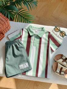 SHEIN 2pcs/Set Baby Boy Light Blue Striped Summer Casual Beach College Style Knit Polo Shirt & Green Shorts,Fashionable Soft Outing Outfit For 0-3 Months - Multicolor - View 2