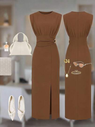 Ellevyn Vestido midi con abertura frontal y cintura ceñida, sin mangas, adecuado para el uso diario